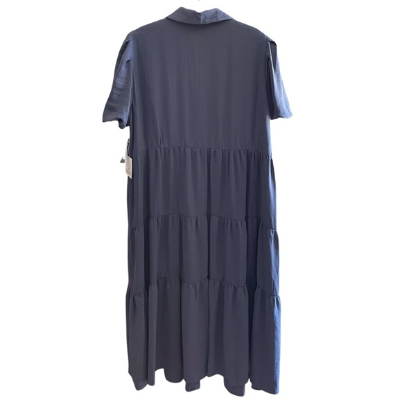 CeCe Plus Size Drapey Puff Sleeve Tiered Midi Shirt Dress